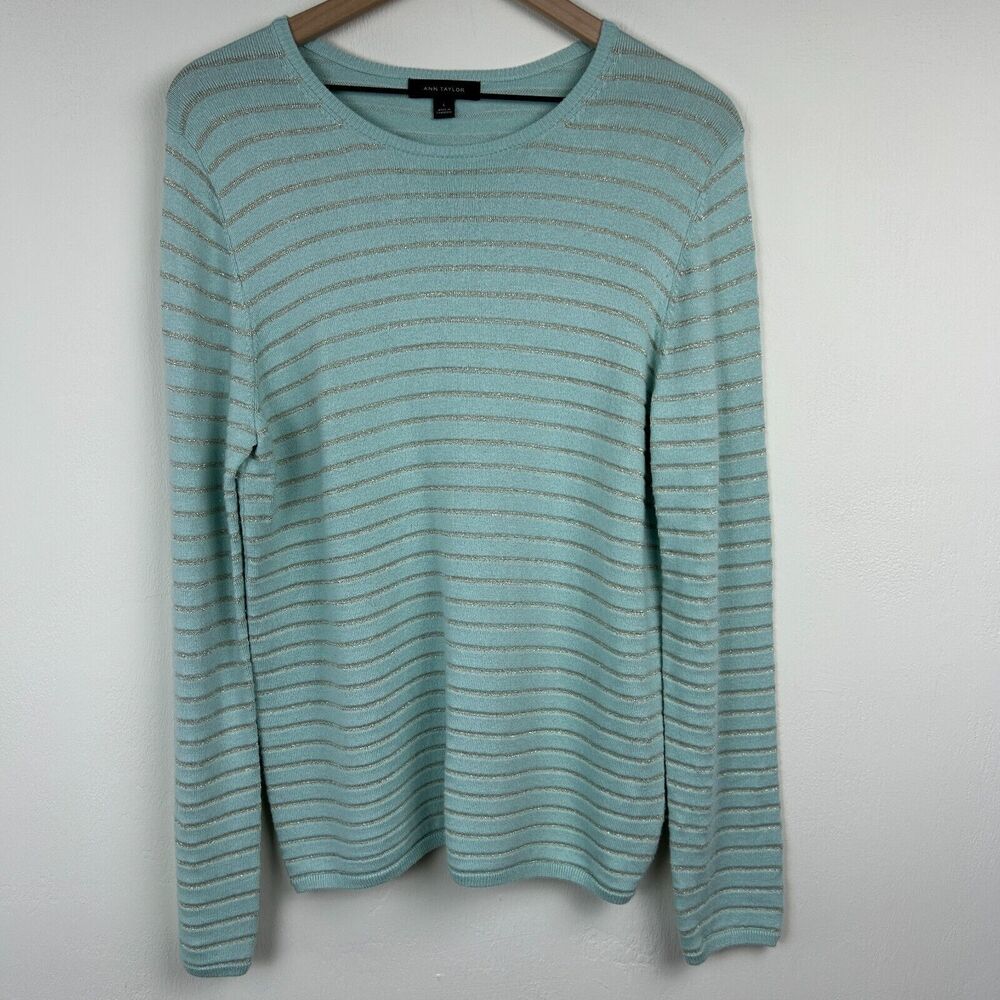 Ann Taylor Sweater Womens Large Gold Stripe Pullover Career Metallic Ladies
